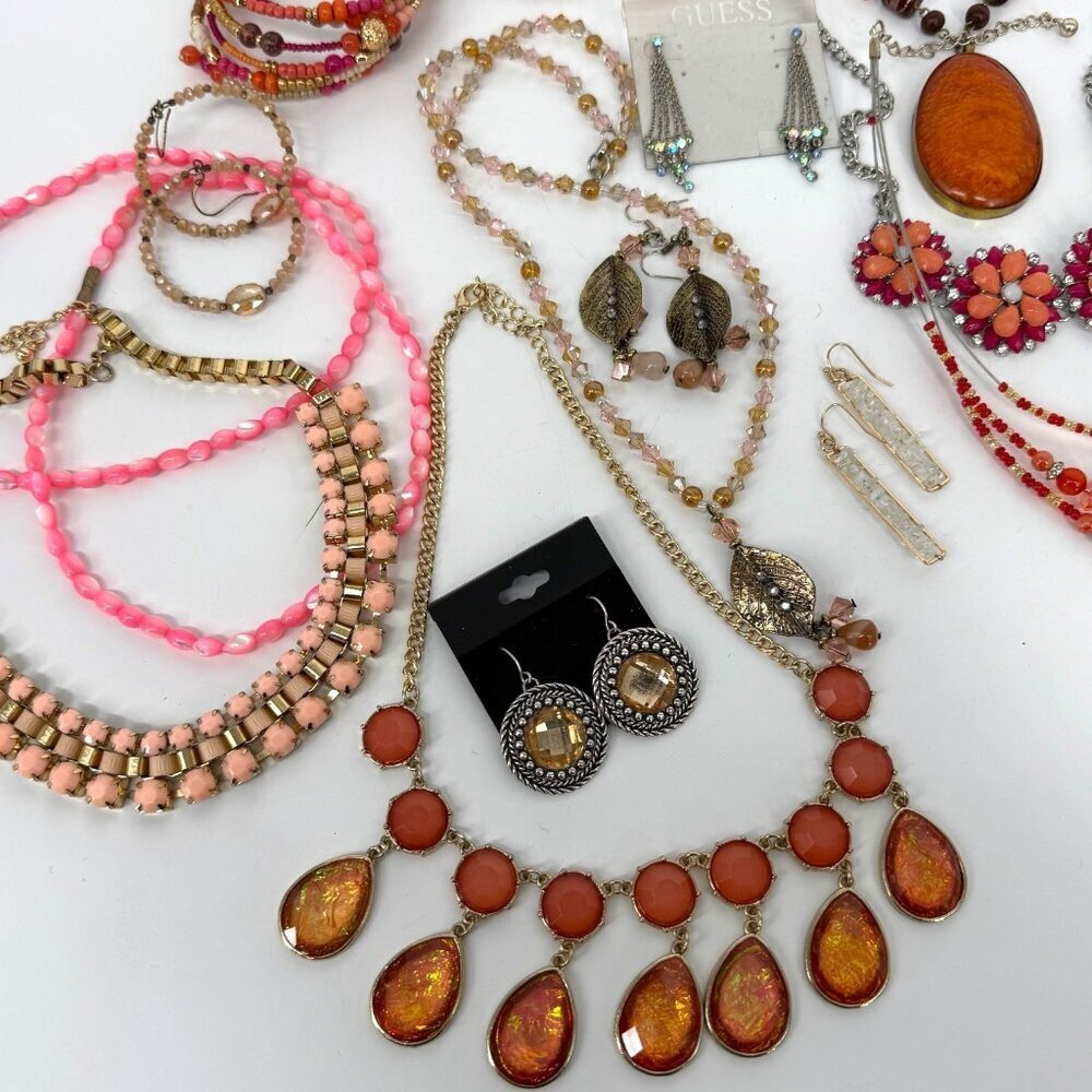 Jewelry Mixed Lot Wearable Earrings Necklace Bracelet Orange Pink Tone Boho - Picture 8 of 16